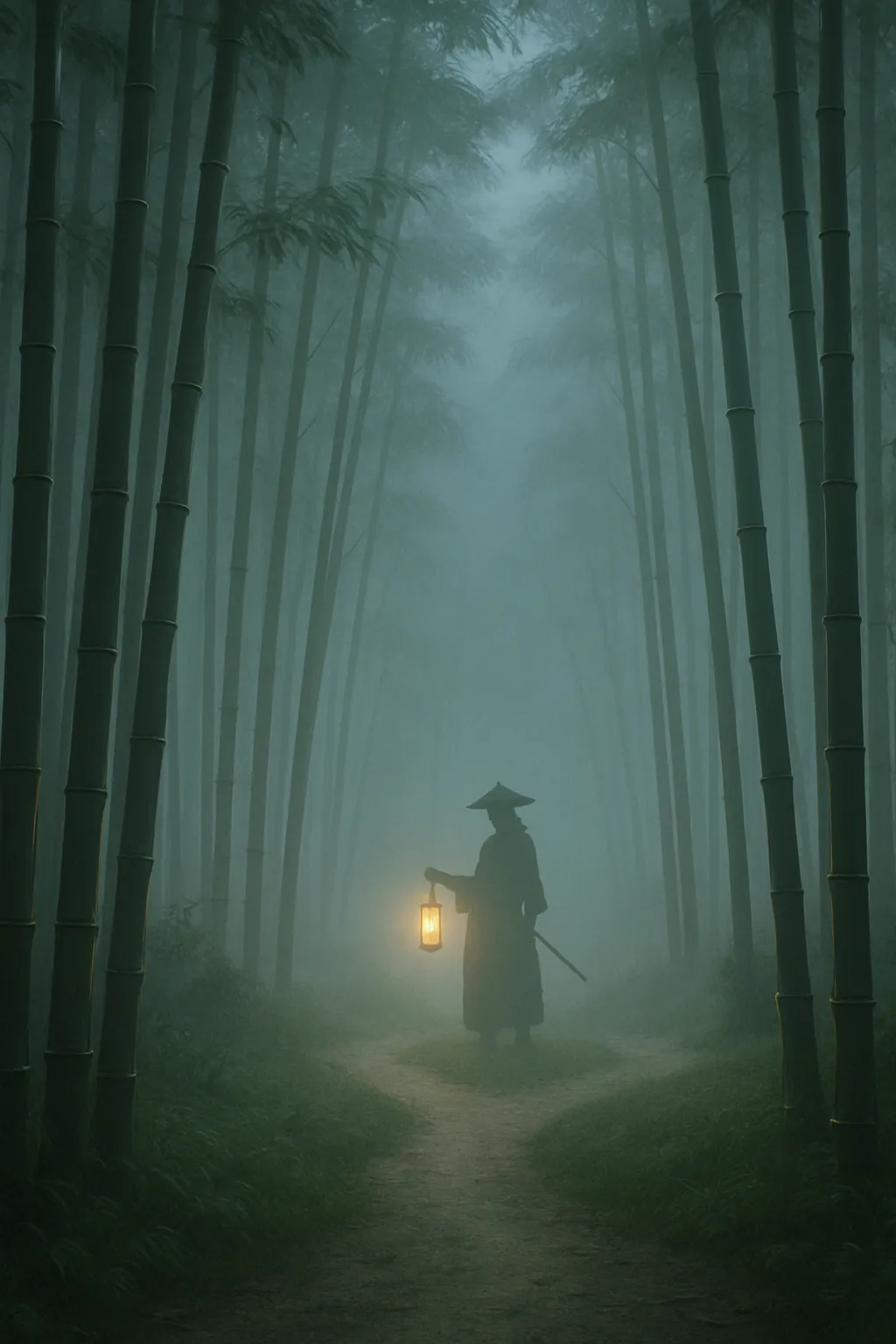 A serene bamboo forest with a faint silhouette of a samurai standing at a crossroads, holding a lantern.